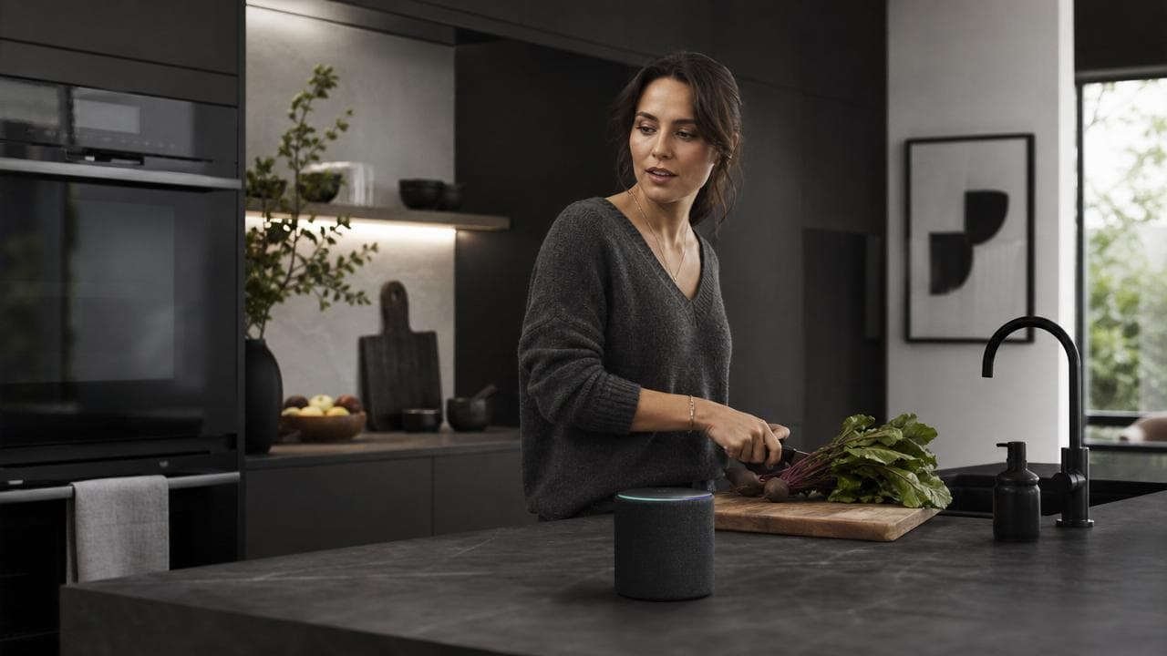 Comando de voz acionando a automação de uma cozinha inteligente