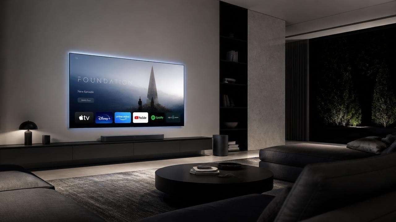 TV e iluminação de sala acionadas automaticamente por comando de casa inteligente