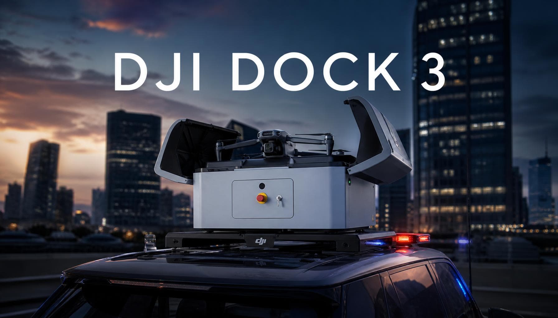 DJI Dock 3 — estação de operação remota de drones montada em veículo, com cenário urbano ao entardecer