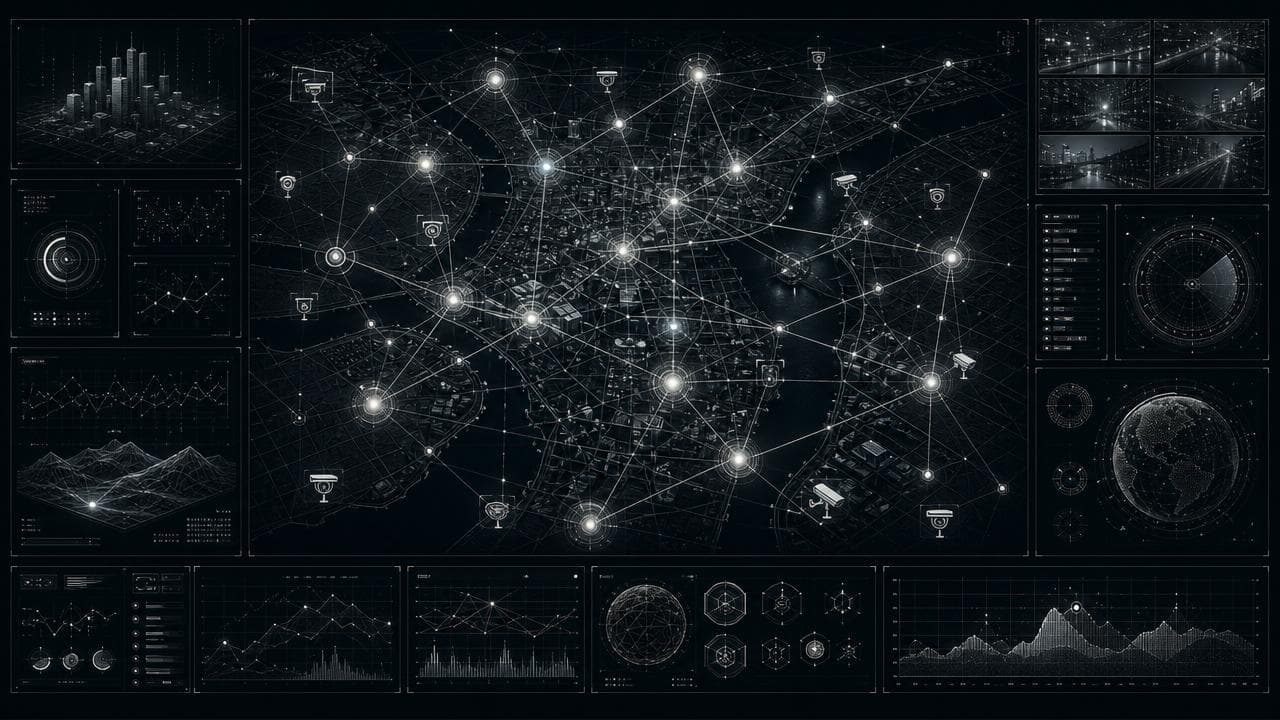 Composição representando smart city: rede de sensores e câmeras de monitoramento conectada por linhas de dados sobre um skyline noturno