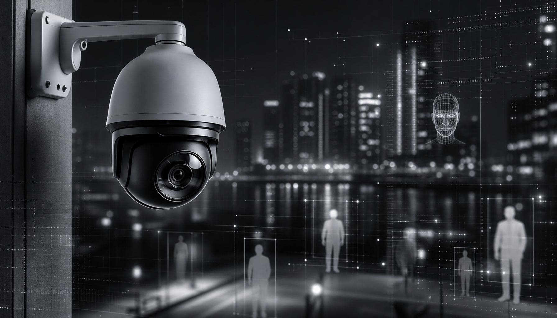Composição representando videomonitoramento inteligente: câmera de segurança moderna com sobreposição sutil de análise de vídeo por inteligência artificial