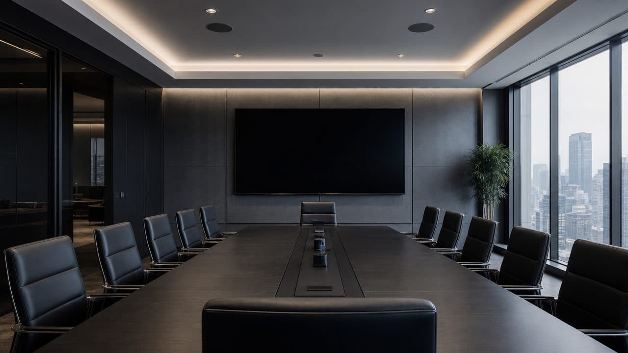 Sala de reunião corporativa moderna com a tela grande de apresentação desligada, ambiente executivo minimalista