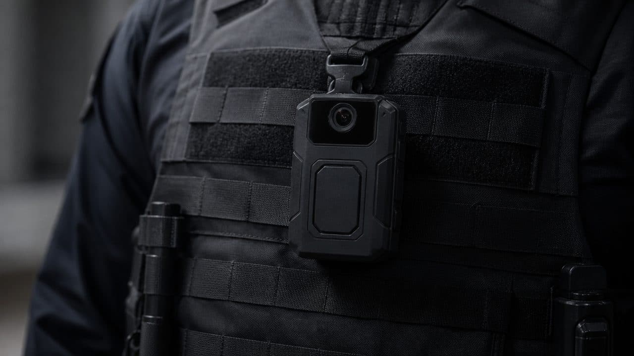 Close-up de câmera corporal (bodycam) no uniforme de um agente de segurança, dispositivo ainda desligado