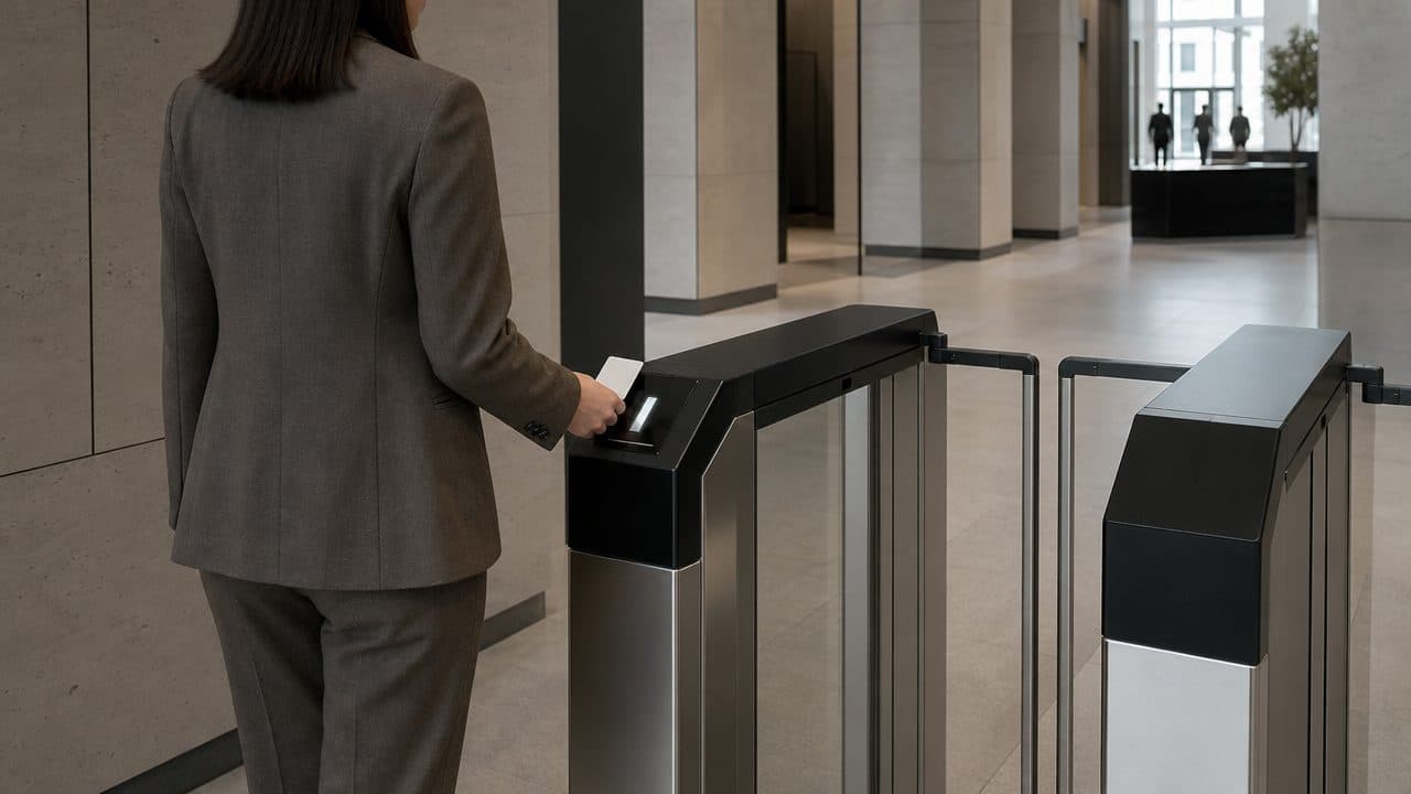 Portal de acesso institucional moderno com uma pessoa se aproximando com cartão de acesso, catraca ainda fechada