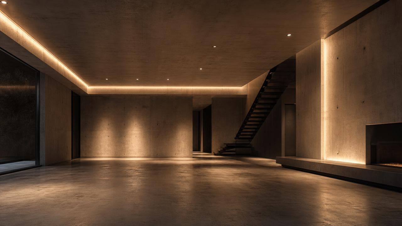 Sala de concreto aparente minimalista com luminárias dimerizadas em tom quente dourado