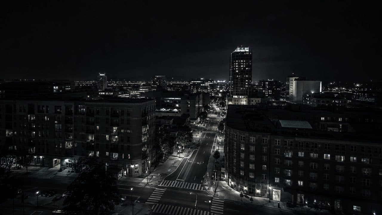 Vista aérea noturna de um cruzamento urbano com poucos pontos de luz, cidade ainda majoritariamente escura