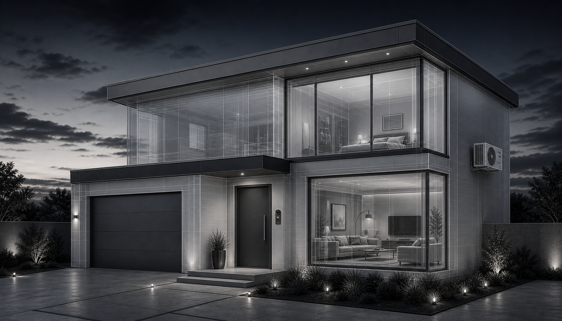 Casa inteligente renderizada em vidro translúcido, controlada em tempo real pelo visitante